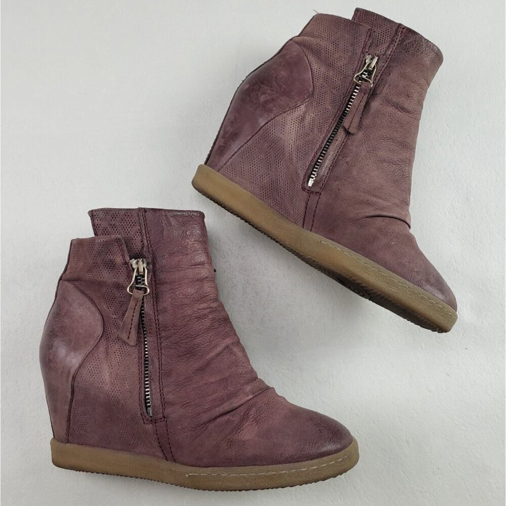 Miz Mooz Alexandra Ankle Boot Womens 7.5-8 EU 38 Brown Leather Side Zip Wedge